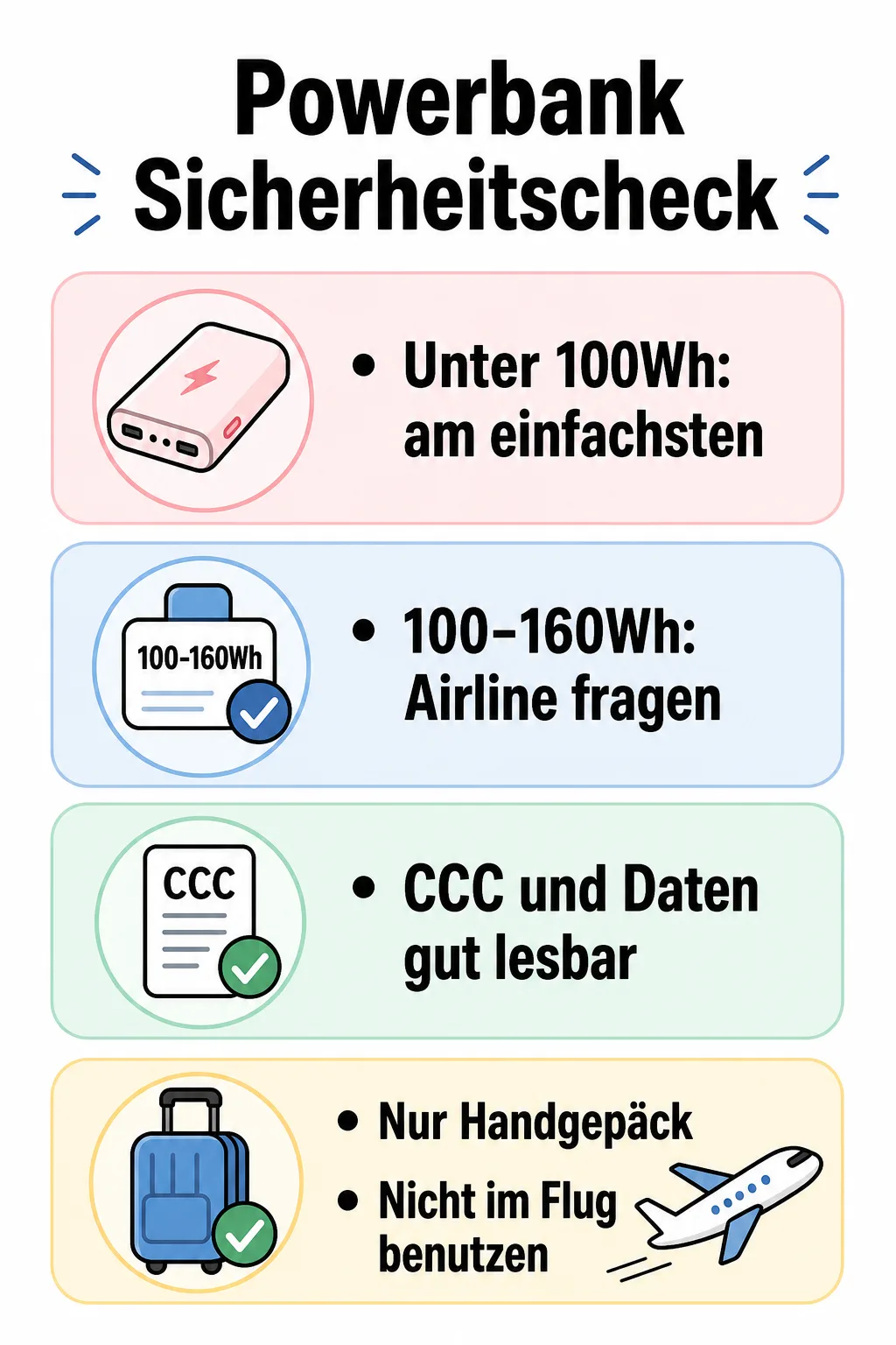 Merkkarte für Limits, Kennzeichnung, Handgepäck und Nutzung im Flug auf China-Inlandsflügen