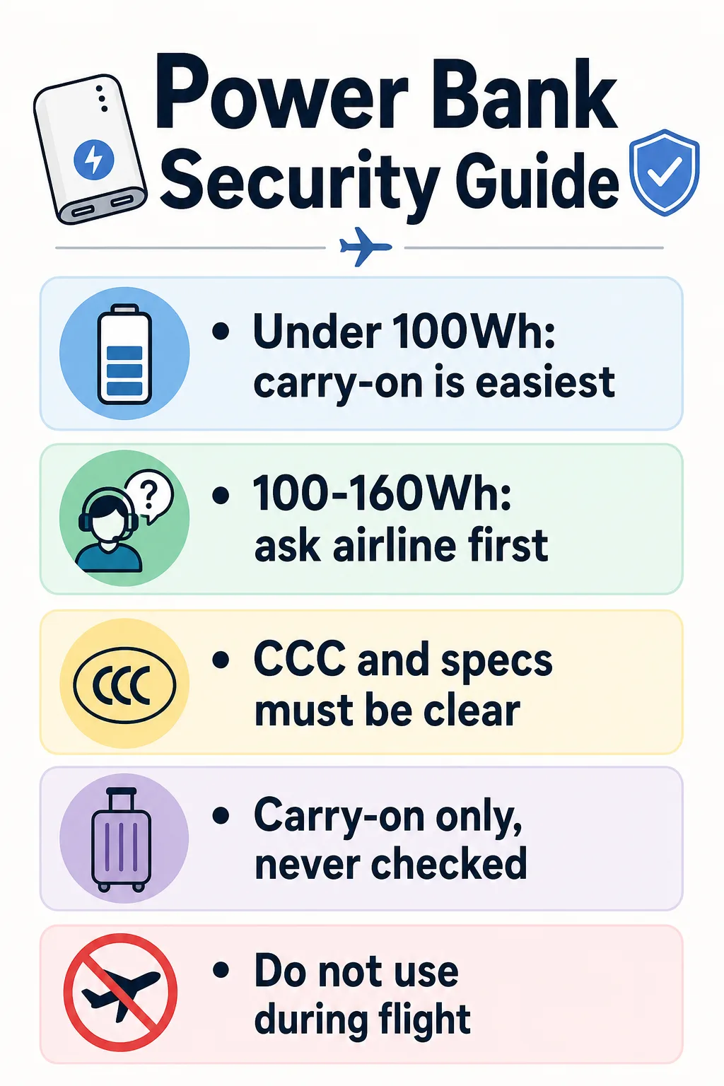 Saveable card for China domestic flight power-bank limits, markings, carry-on rules, and in-flight use