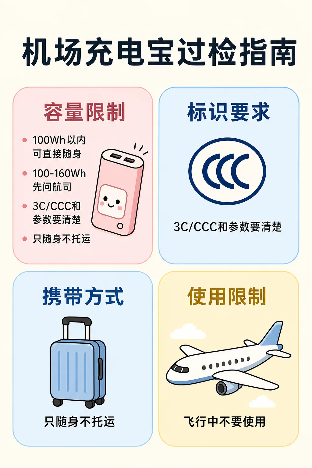 中国国内航班充电宝容量、标识、携带方式和飞行中使用规则卡片