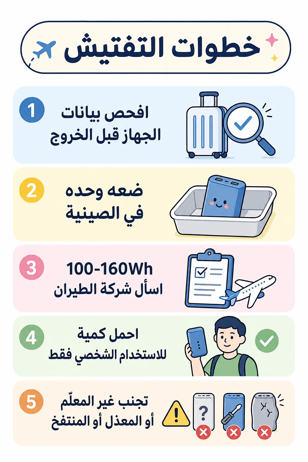 بطاقة خطوات لفحص الملصق واستخدام صينية التفتيش وتجنب بنوك الطاقة الخطرة