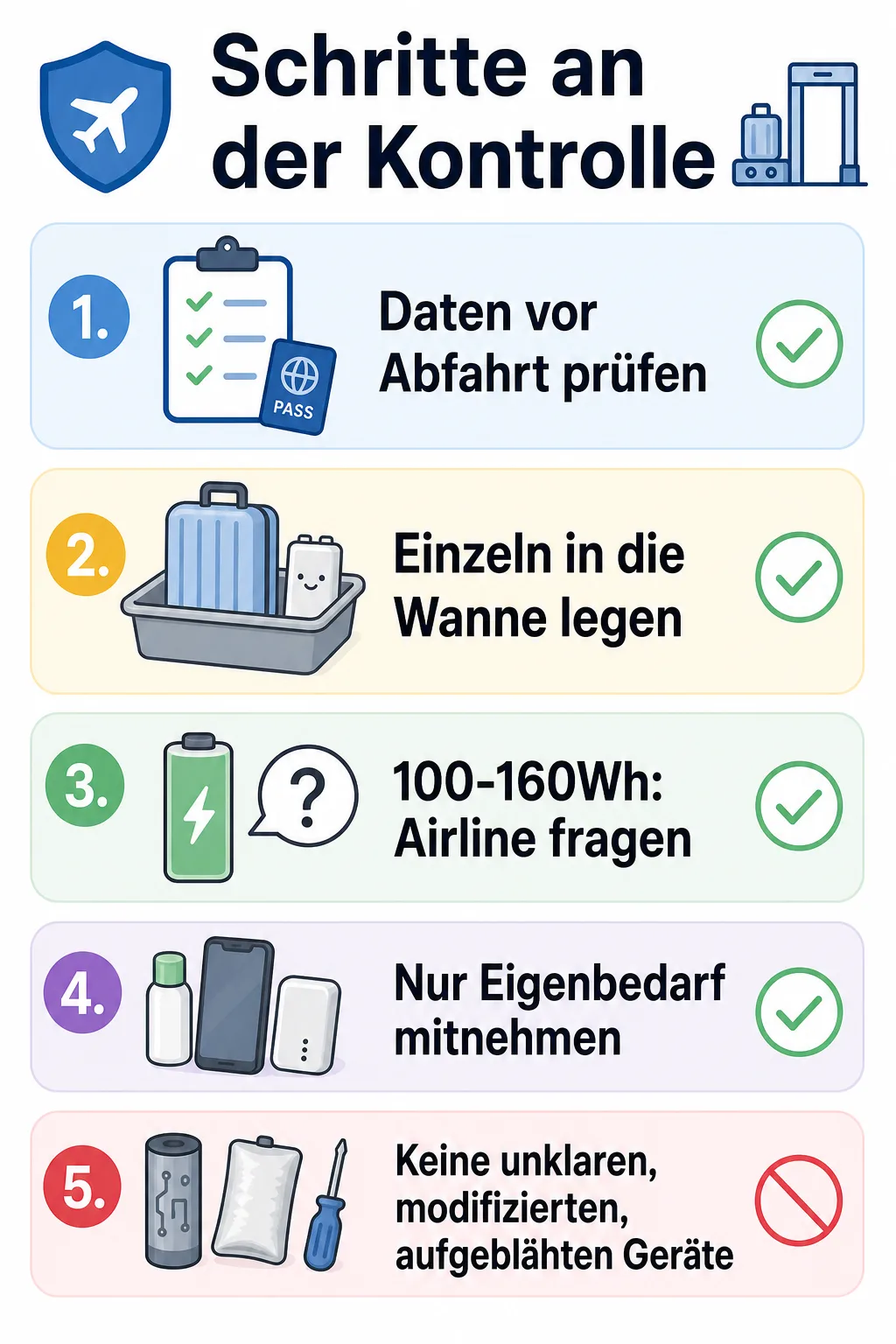 Schrittkarte für Etikettprüfung, Kontrollwanne und riskante Powerbanks vermeiden