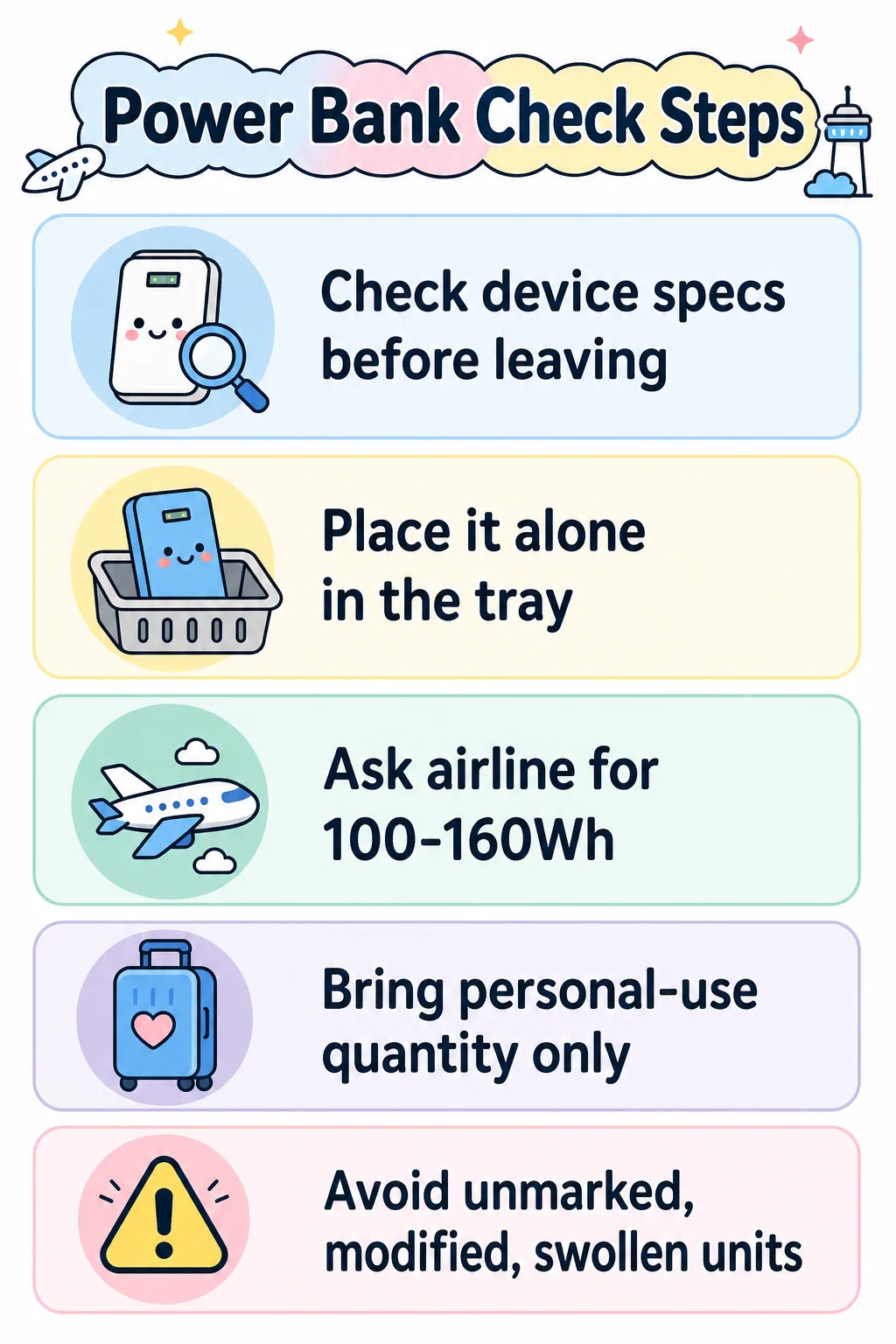 Saveable steps card for checking labels, using the security tray, and avoiding risky power banks