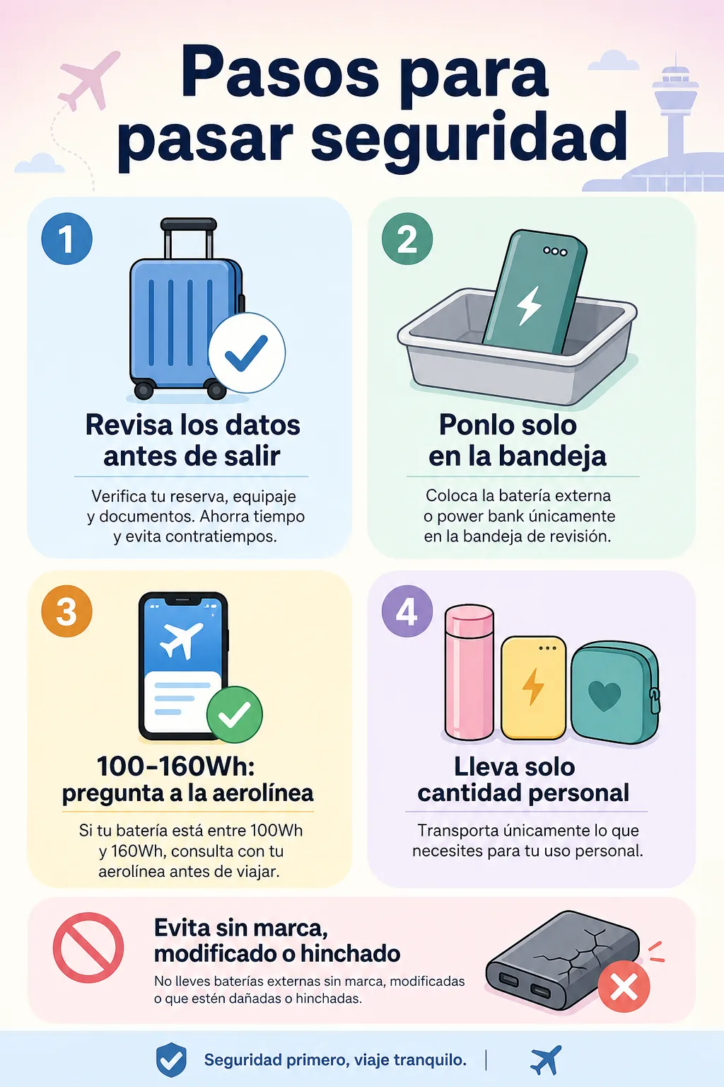 Tarjeta de pasos para revisar etiqueta, usar bandeja y evitar power banks de riesgo