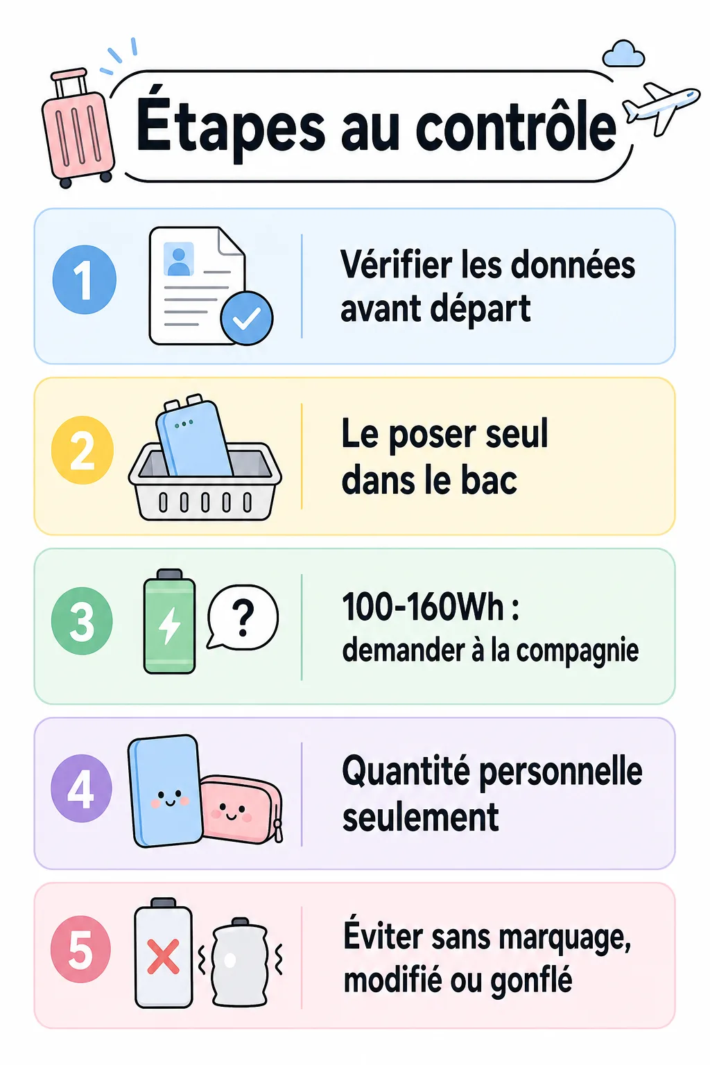 Carte des étapes pour vérifier le marquage, utiliser le bac et éviter les batteries à risque