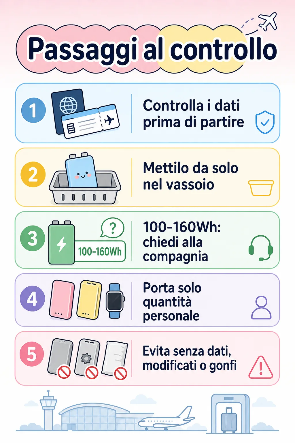 Scheda passaggi per controllare etichetta, usare il vassoio ed evitare power bank rischiosi