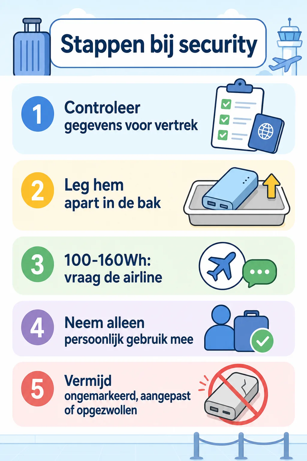 Stappenkaart voor labelcontrole, securitybak en riskante powerbanks vermijden