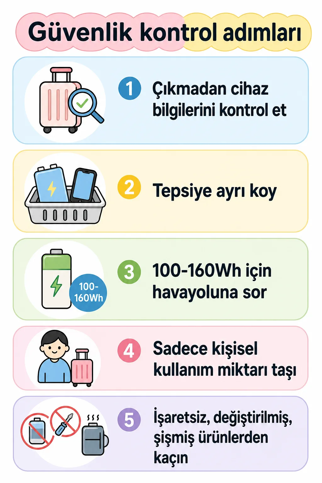Etiket kontrolü, tepsi kullanımı ve riskli powerbanklerden kaçınma kartı