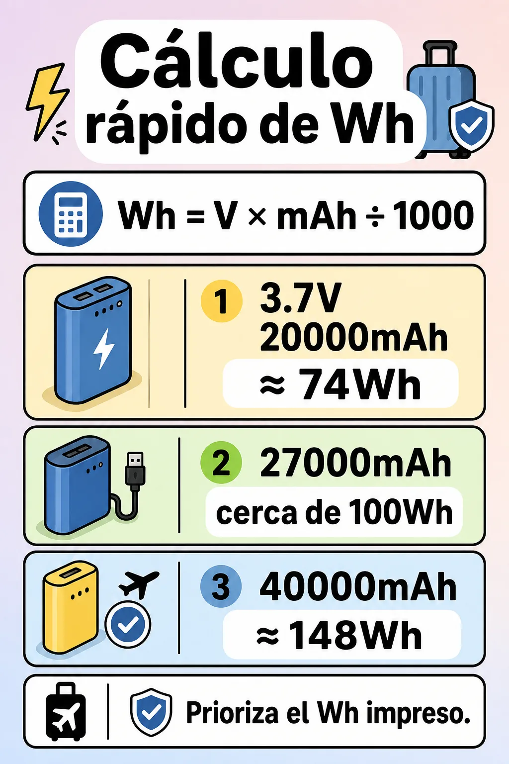 Tarjeta de fórmula Wh para power banks en vuelos nacionales de China