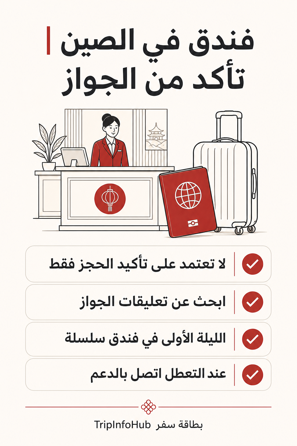 في الليلة الأولى وليالي الانتقال اختر فندقاً مستقراً; اسأل عبر التطبيق هل يقبلون الجواز الأجنبي; ابحث في التعليقات عن passport و foreigner و check-in; إذا تعطل التسجيل، تواصل مع دعم المنصة; ابحث بالتوازي عن فندق قريب متاح فوراً